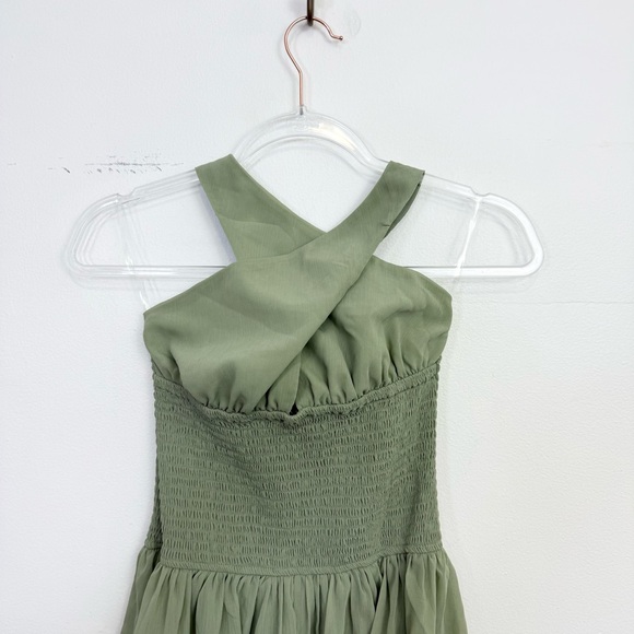 Peppermayo Salma Sage Green Smocked Tiered Maxi Dress Halter Size 2 - Picture 3 of 6